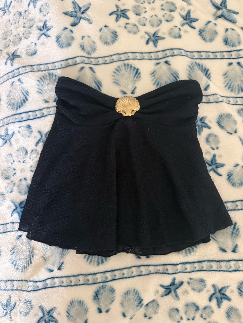 Just Polly navy blue strapless babydoll top with gold shell detail, size XS